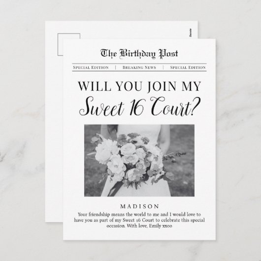 Sweet 16 Court Proposition Journal Carte postale (Devant / Derrière)