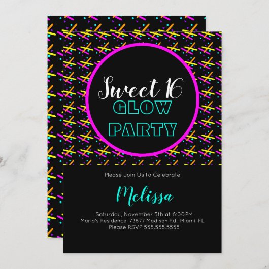 Sweet 16 Crazy Beam Neon Glow in the Dark Party Kaart (Voorkant / Achterkant)