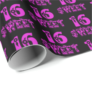 Sweet 16 Cute Floral Hot Pink Typografie Cadeaupapier