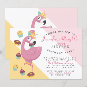 Sweet 16 Cute Pink Cartoon Flamingo Birthday Party Kaart