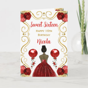 Sweet 16 Dark Skin Princess Red Happy Birthday Kaart