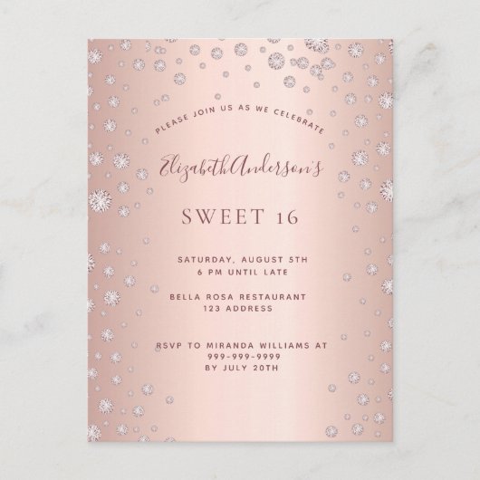 Sweet 16 diamants roses or invitation glamour (Devant)