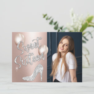 Sweet 16 Elegant Roos Gold & Silver Photo Birthday Kaart