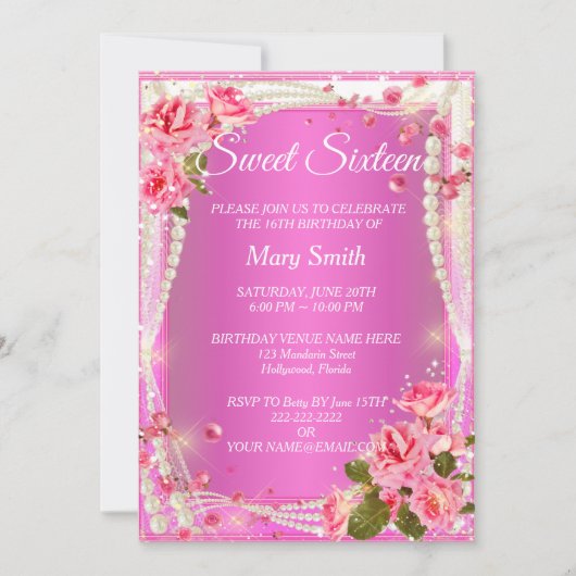 Sweet 16 Elégant rose Floral Invitation Anniversai (Devant)