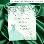 Sweet 16 enchantée robe de forêt invitation<br><div class="desc">Une invitation branchée pour une Sweet 16, 16ème anniversaire fête, thème forestier enchanté. Un arrière - plan vert à l'eau avec des fougères et de la verdure d'eucalyptus, une robe verte. Le nom est écrit avec un script de style moderne écrit à la main. Personnalisez et ajoutez les détails de...</div>