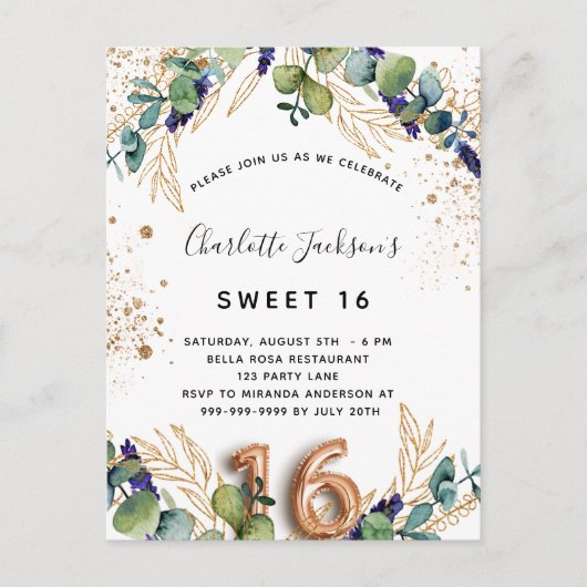 Sweet 16 eucalyptus greenery glitter elegant uitnodiging briefkaart (Voorkant)