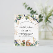 Sweet 16 eucalyptus greenery glitter elegant uitnodiging briefkaart (Staand voorkant)