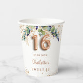 Sweet 16 eucalyptus greenery glitter monogram papieren bekers (Voorkant)