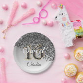 Sweet 16 Falling Black Glitter & Monogram Papieren Bordje (Feest)