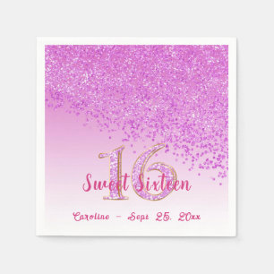 Sweet 16 Falling Pink Glitter & Monogram Napkins Servet