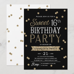 Sweet 16 Faux Gold Glitter Confetti Party Kaart