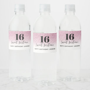 Sweet 16 Faux Hot Pink Glitter Birthday Waterfles Etiket