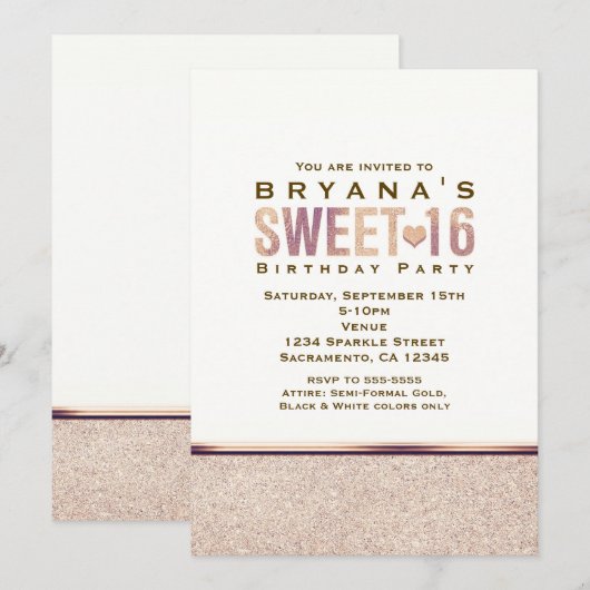 SWEET 16 Faux Rose Gold Champagne Party Invitation (Devant / Derrière)