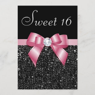 Sweet 16 Faux Sequins Diamonds Bow Zwart Roze Kaart