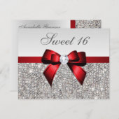 Sweet 16 Faux Silver Sequins Diamonds Red Bow Kaart (Voorkant / Achterkant)