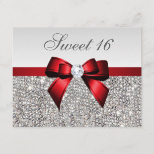 Sweet 16 Faux Silver Sequins Diamonds Red Bow Kaart