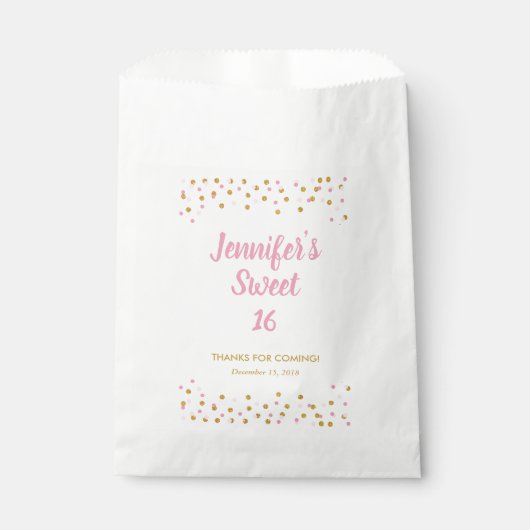 Sweet 16 Favor Bag Pink Gold Glitter Confetti Bedankzakje (Voorkant)