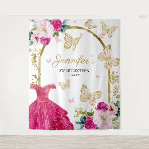 Sweet 16-feest achtergrond - Vlinder bloem jurk Wandkleed