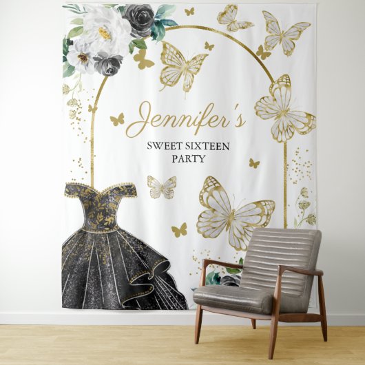 Sweet 16-feest achtergrond - Vlinder bloemendecora Wandkleed (In situ)