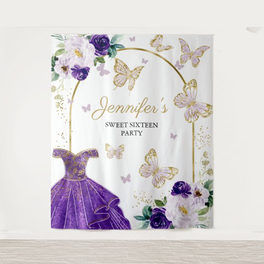 Sweet 16-feest achtergrond - Vlinder bloemendekora Wandkleed (Voorkant)