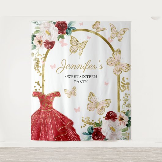 Sweet 16-feest achtergrond - Vlinder bloemjurk Wandkleed (Voorkant)