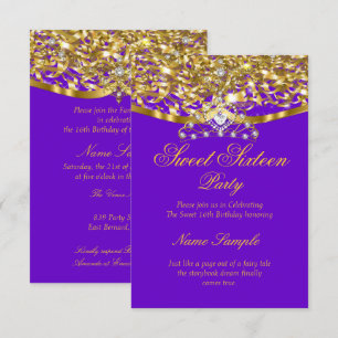 Sweet 16 Feest Glitter Paars Goud Uitnodiging