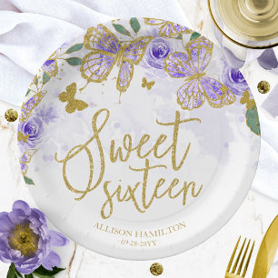 Sweet 16-feest papieren bord paarse vlinder bloem