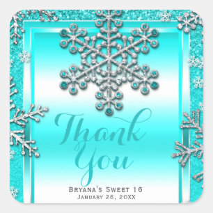 SWEET 16 Feest Teal Glitters Glamour Winter Sneeuw Vierkante Sticker