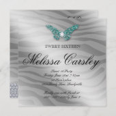 Sweet 16 Feest Uitnodiging Sieraden Vlinder Zebra (Voorkant / Achterkant)