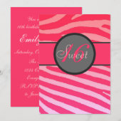 Sweet 16 felroze zebra stripe verjaardagsuitnodigi kaart (Voorkant / Achterkant)