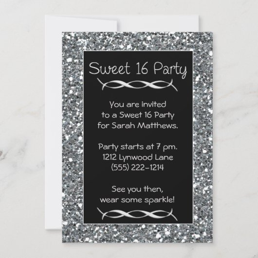 Sweet 16 Fête Invitation Argent Éclat (Devant)