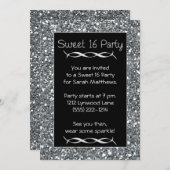 Sweet 16 Fête Invitation Argent Éclat (Devant / Derrière)