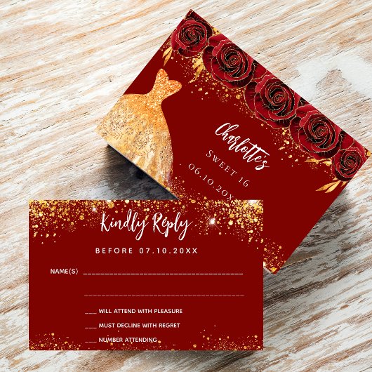 Sweet 16 fleurs de robe rouge or RSVP carte