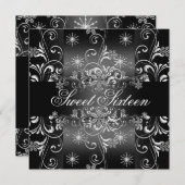 Sweet 16 Flocon de neige noir et blanc Invitation  (Devant / Derrière)
