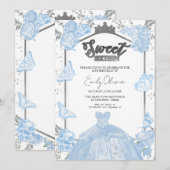 Sweet 16 foto uitnodiging Dusty Blue Butterfly (Voorkant / Achterkant)