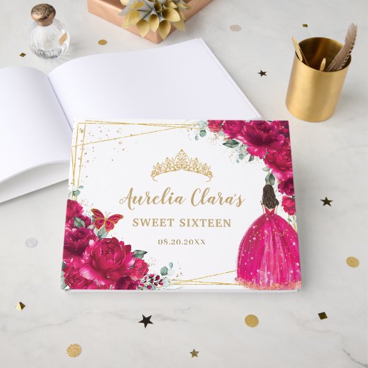 Sweet 16 Fuchsia Hot Roze Bloemen Prinses Gastenboek (Voorkant open)