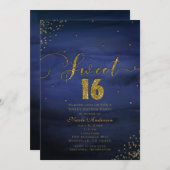 SWEET 16 Glam Modern Waterverf Blauw & Goud Party Kaart (Voorkant / Achterkant)