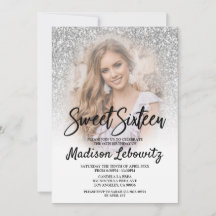 Sweet 16 Glamoureus Silver Glitter Photo Invitatio