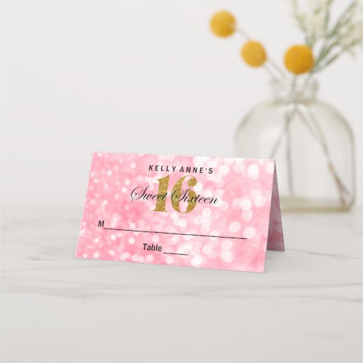 Sweet 16 Glitter Bokeh Lights Custom Place Card (Voorkant)