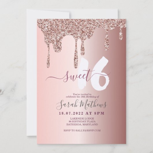 Sweet 16 Glitter Drips Roos Goud Verjaardag Kaart (Voorkant)