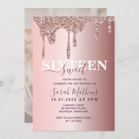 Sweet 16 Glitter Drips Roos Gouden Verjaardag Invi Kaart (Voorkant / Achterkant)
