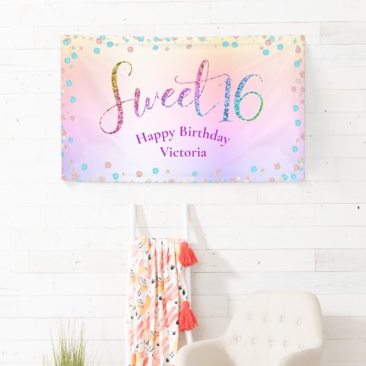Sweet 16 Glitter Rainbow Ombre Confetti Birthday Spandoek (Insitu)