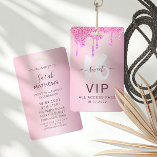 Sweet 16 Glitter Roze VIP Verjaardagsuitnodiging Badge