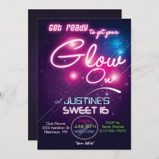 Sweet 16 Glow Party 80s Invitation (Devant / Derrière)