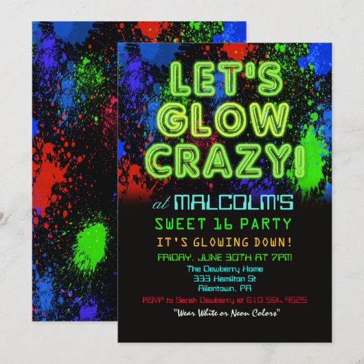Sweet 16 Glow Party Anniversaire Invitation (Devant / Derrière)