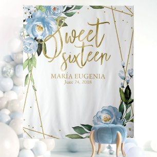 Sweet 16 Gold Foil Dusty Blue Floral Backdrop Wandkleed