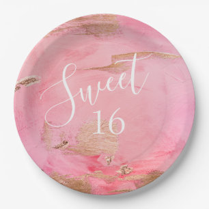 Sweet 16 Gold Pink Abstracte Waterverf Papieren Bordje