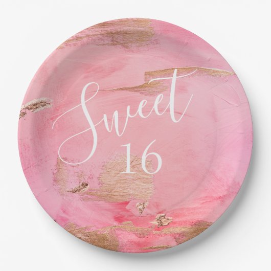 Sweet 16 Gold Pink Abstracte Waterverf Papieren Bordje (Voorkant)