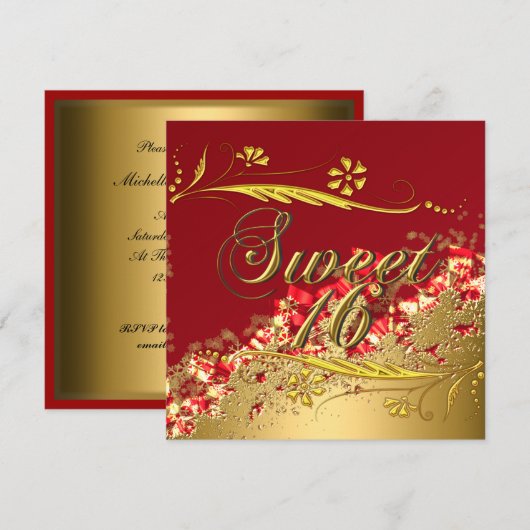 Sweet 16 Gold Red Elegant Invitation (Devant / Derrière)
