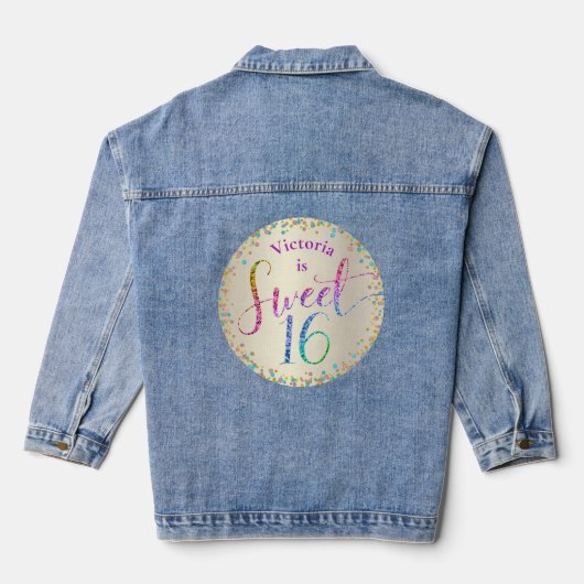 Sweet 16 Gold Regenboog Glitter Confetti Verjaarda Denim Jacket (Achterkant)